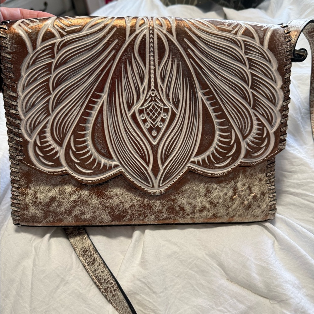 Bronze and White Embossed Leather Crossbody Bag